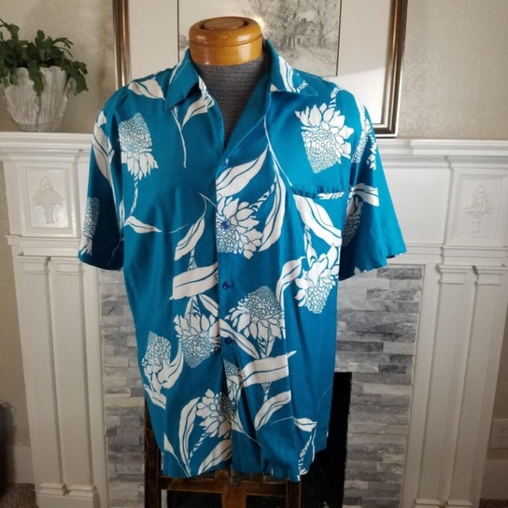 Vintage Hilo Hattie Aqua Hawaiian Shirt